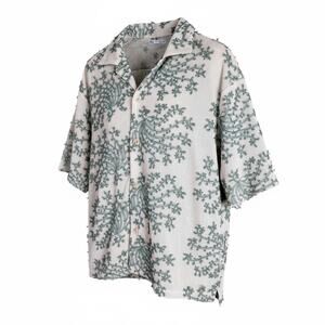 Men's Zara Luxury Resort Vacation Shirt Ivory w/ Green Embroidered Floral - S